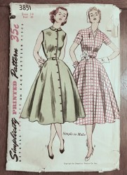 3851 SIMPLICITY 1952 SHORT SLEEVES, COLLAR OR NOT FLARE BUTTONS PATTERN 20 38"B UNCUT